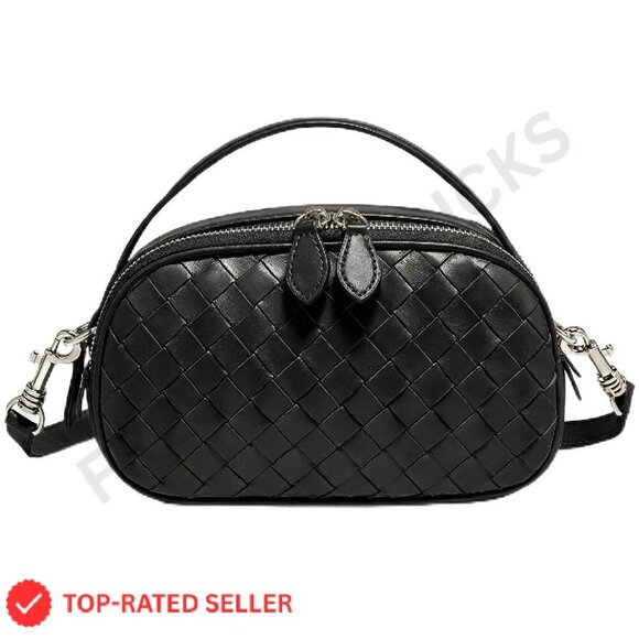 Handbags - Woven Crossbody Bag Soft Leather-Feel Camera Purse Top Handle Adjustable Strap